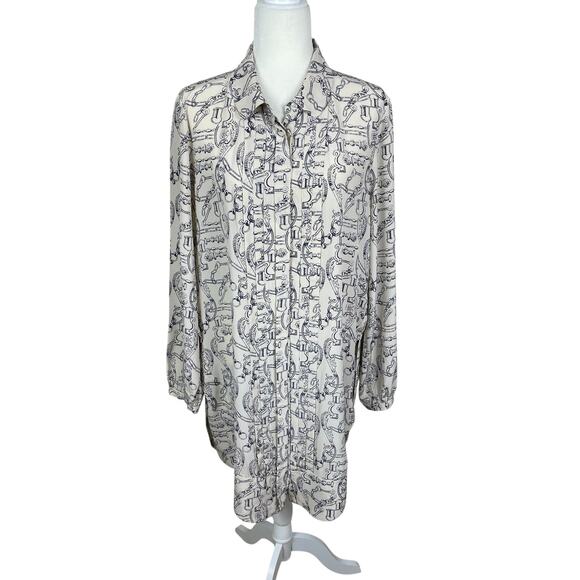 Tory Burch Celestial Frentera Angelique Silk Shirt Dress Nautical Beige Size 14 - Picture 1 of 16